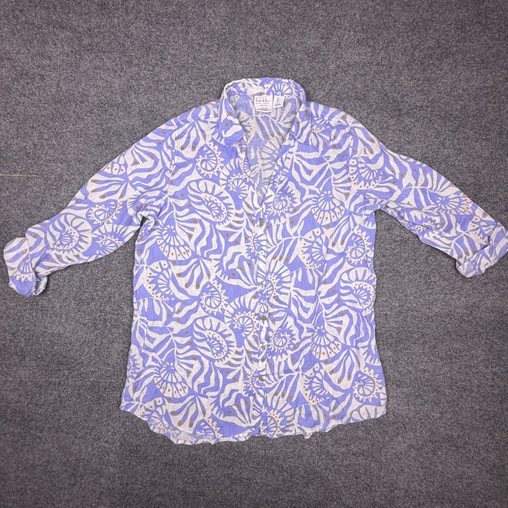 Nicole Miller New York Linen Button Down Shirt Blue White Shell Print Womens L